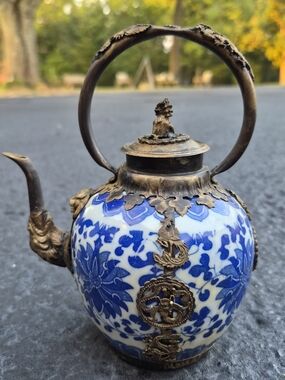 Vintage Chinese Blue & White Tibetan Porcelain Teapot with Bronze Overlay